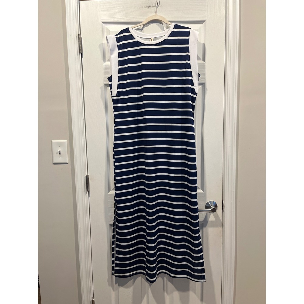 Grecerelle Navy White Striped Sleeveless Maxi Dress‎ XL NWT Nautical Side Slit
